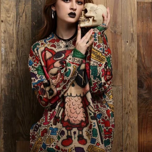 Womens Sweater With Multicolored Designs Small S Stretch Round Neck Print Logo - Picture 5 of 15